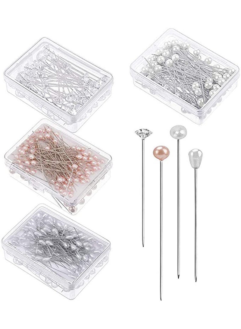 400Pcs Sewing Pins, 4 Styles Pearl Head Pins Crystal Head Corsage Pins for Dressmaking Jewelry Components Flower Decoration, Banquet Wedding Party Anniversary, Diy, Multiple Colors - Image 1